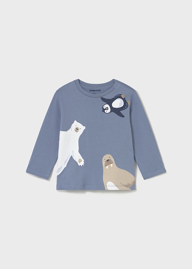Mayoral Erkek Bebek Sweatshirt 1-4 Yaş | Hayvan Baskılı, Mavi, %100 Pamuk, Bisiklet Yaka, Uzun Kollu
