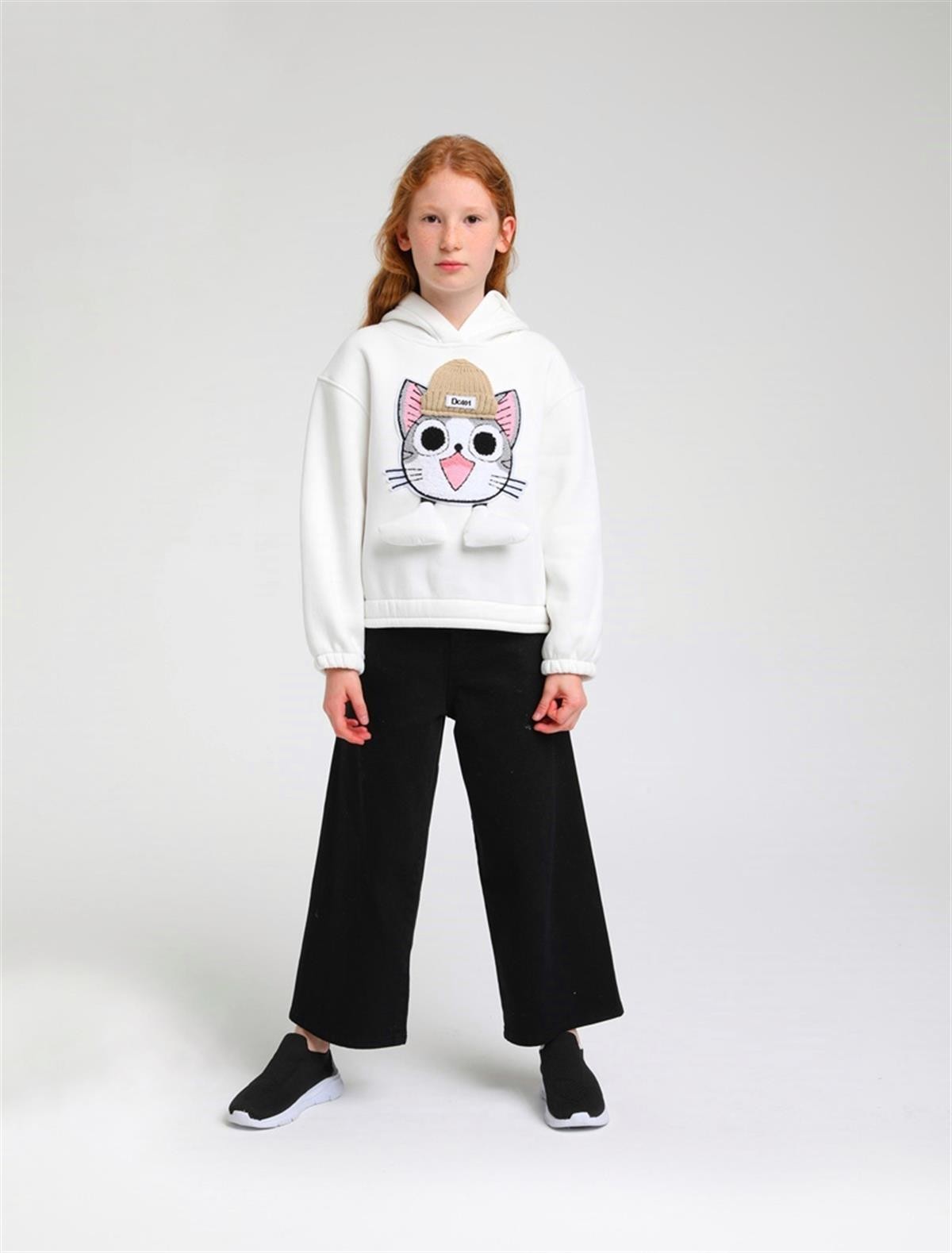 05-14 Yaş Kız Çocuk Beyaz Renk Kedi Temalı Kapşonlu Sweat