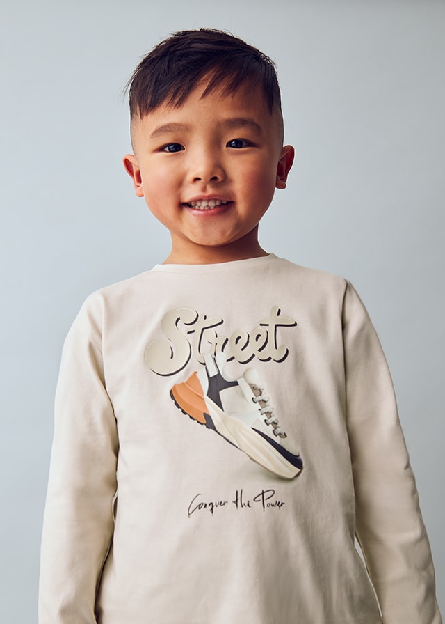 Mayoral Erkek Çocuk Sweatshirt | Bej Renk %100 Pamuk, Street Yazılı Ayakkabı Baskılı | 4-10 Yaş