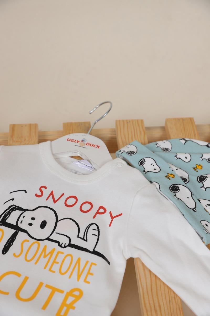 03-18 Ay Erkek Bebek Ekru- Mint Yeşili Snoopy Lisanslı Üçlü Takım