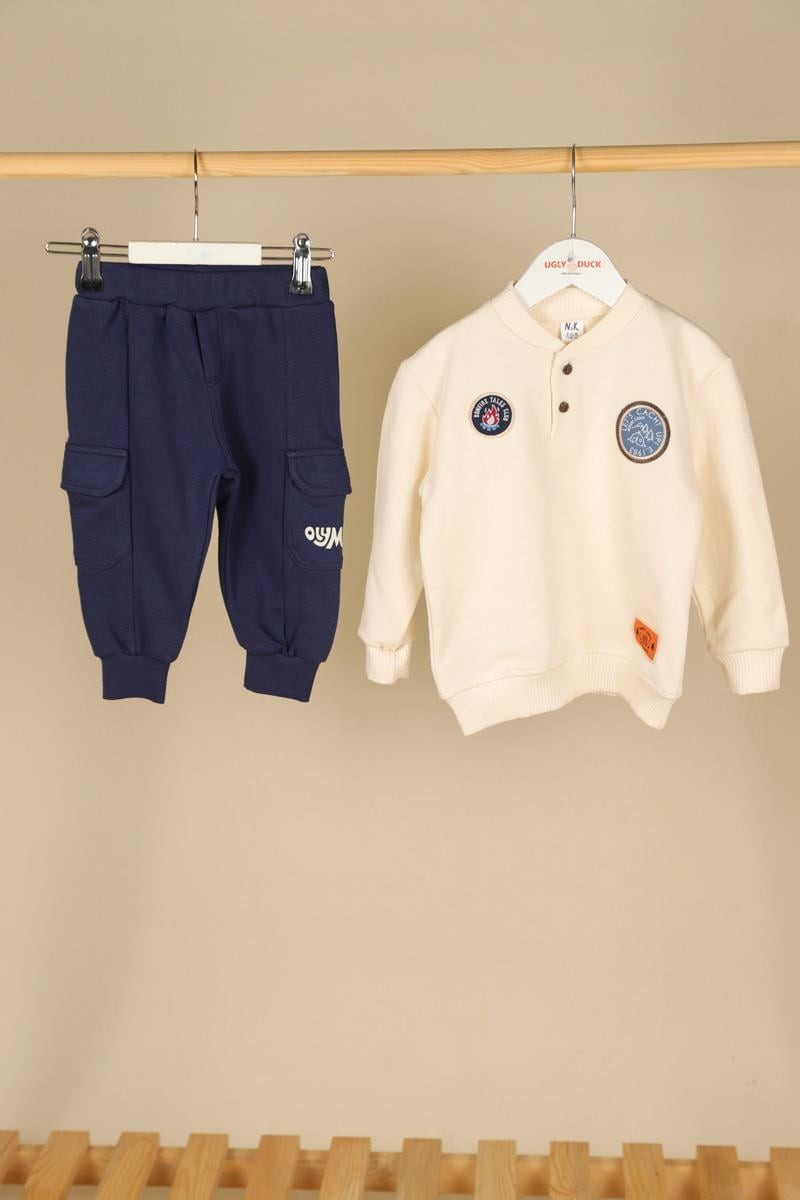 09-36 Ay Erkek Bebek Ekru- İndigo Renk Wood Sweat Pantolon Takım