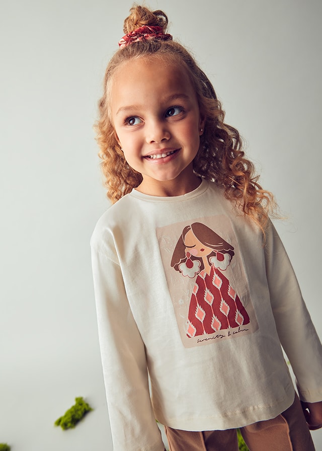 Mayoral Kız Çocuk 2’li Set (4-10 Yaş) – Krem Renk Baskılı Pamuk Bluz ve Çiçek Desenli Tokalı Set