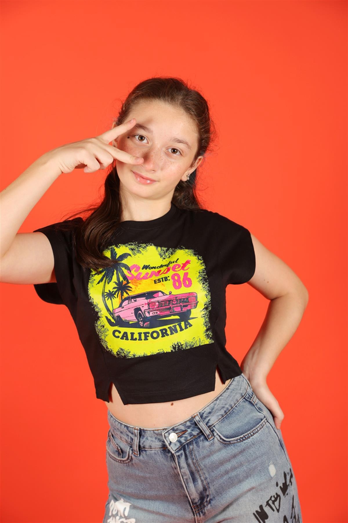 09-14 Yaş Kız Çocuk Siyah Sunset T-shirt