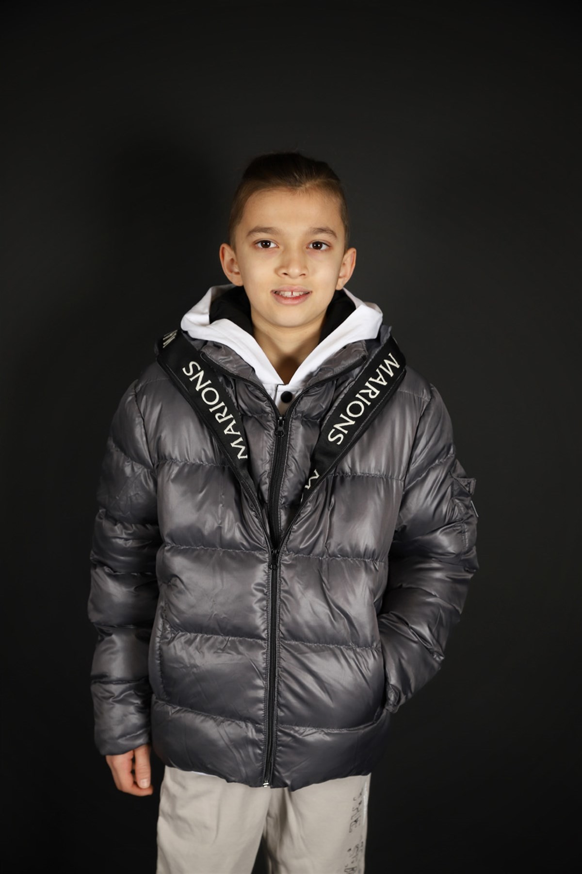 Unisex Kapüşonlu Fermuar Detaylı Unisex Gri Şişme Mont