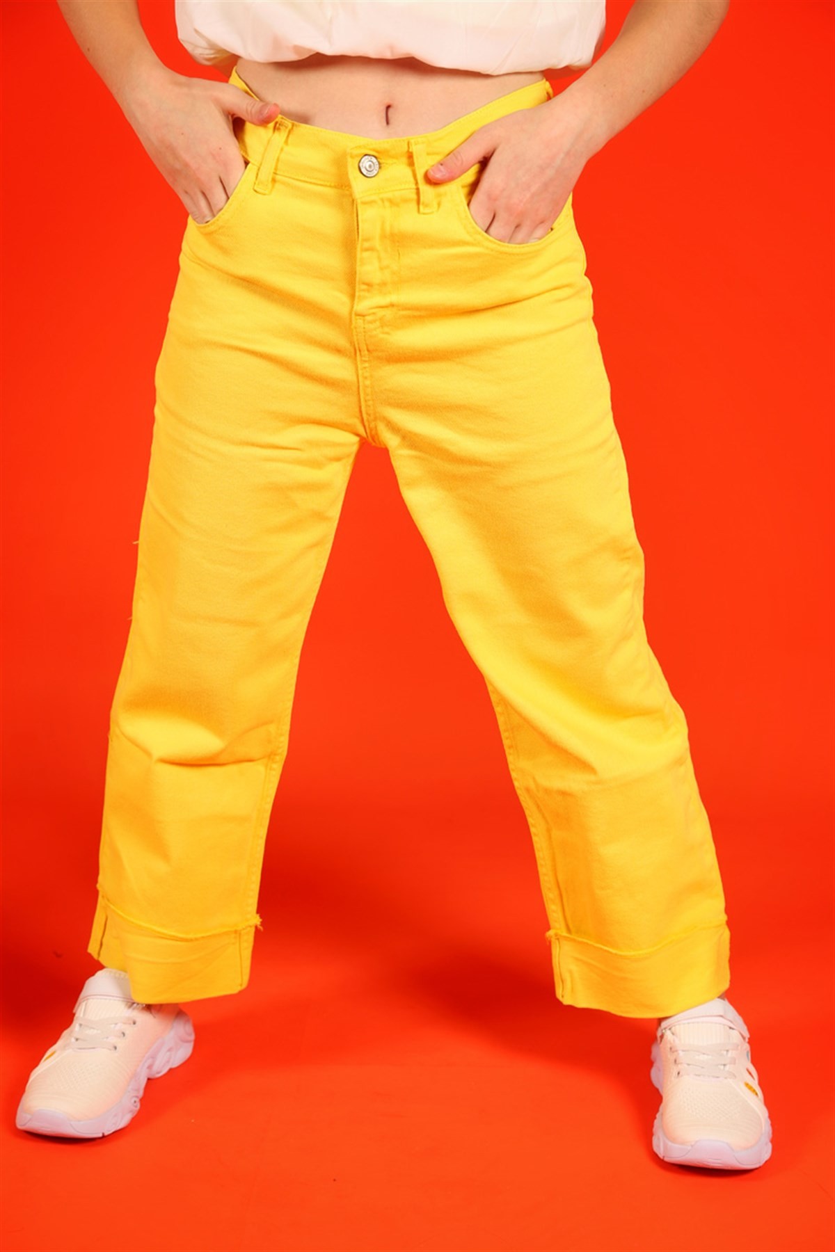 04-14 Yaş Kız Çocuk Paça Detay Sarı Pantalon