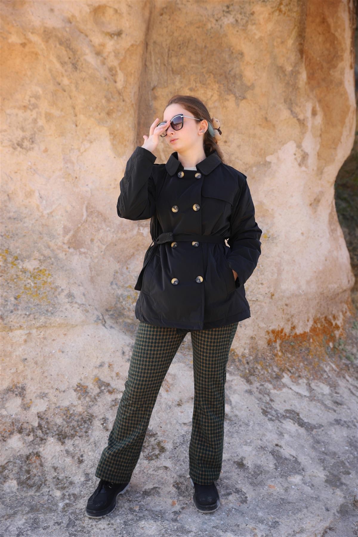 05-14 Yaş Kız Çocuk Yeşil Renk Ekose Vintage Pantolon