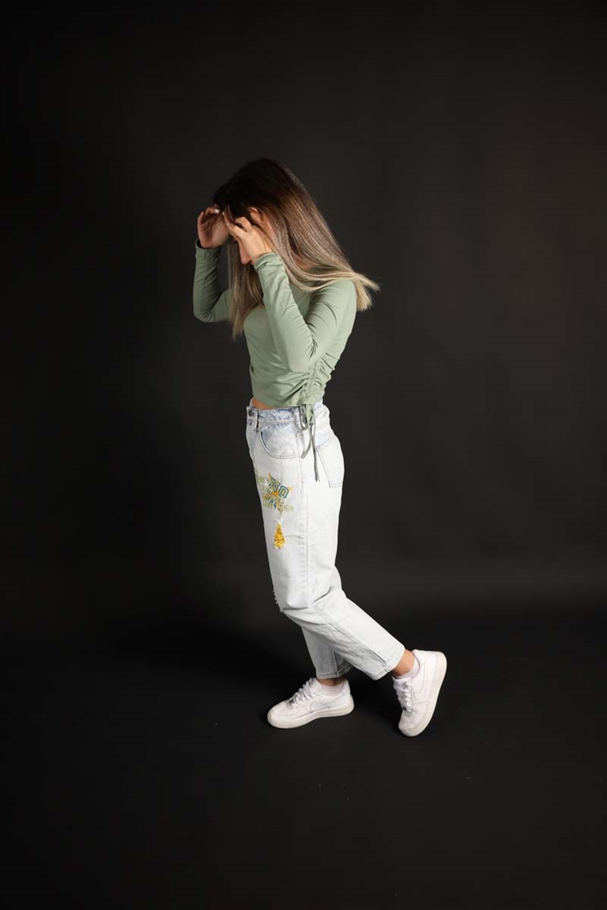Kız Çocuk Yandan Bağlamalı Yeşil Sweat