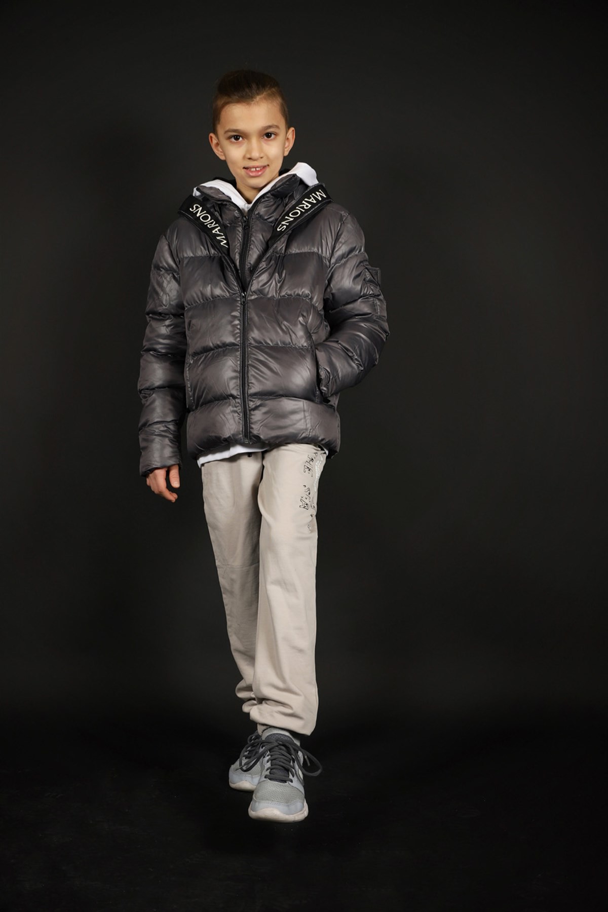 Unisex Kapüşonlu Fermuar Detaylı Unisex Gri Şişme Mont