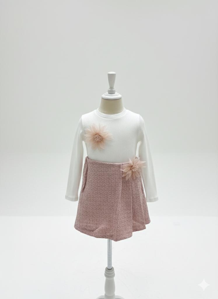 UGLY DUCK 05-14 YAŞ ARASI ÇİÇEK TOKALI SWEAT ŞORT ETEK TAKIM - PEMBE-BEYAZ