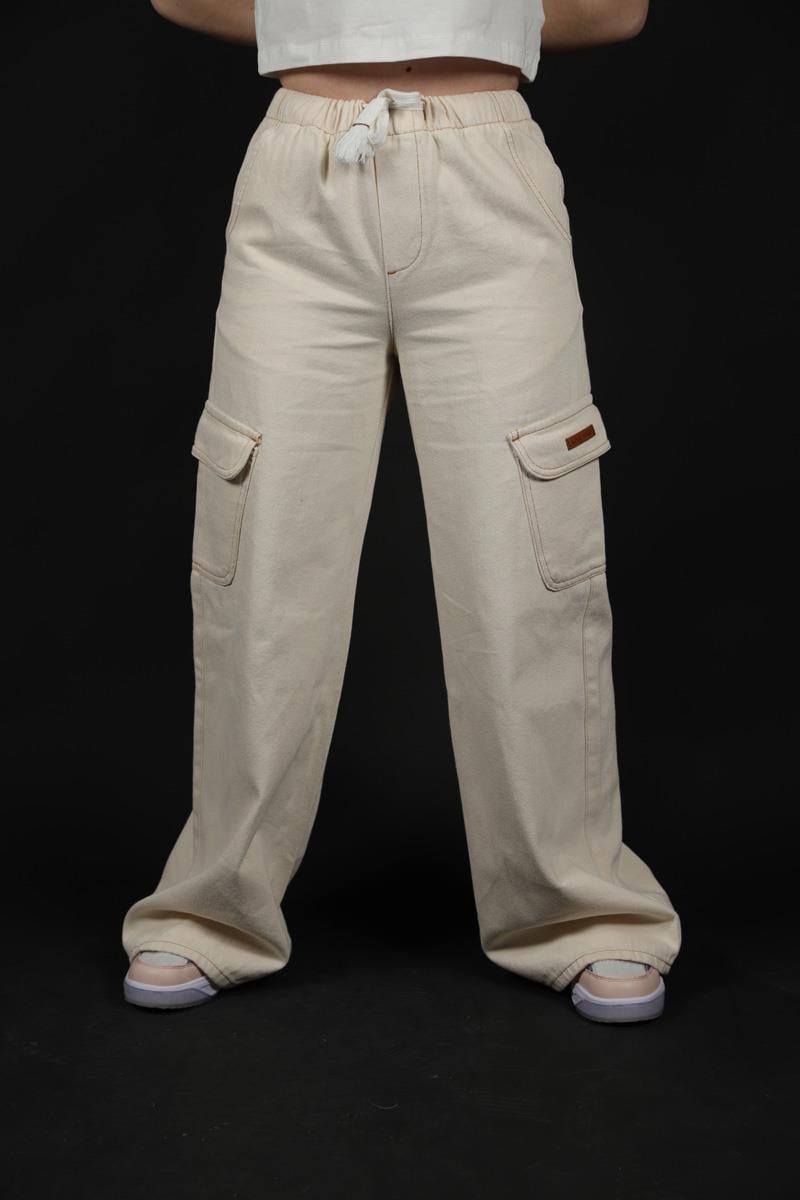08-14 Kız Çocuk Bej Renk Beli Lastikli Denim Pantolon