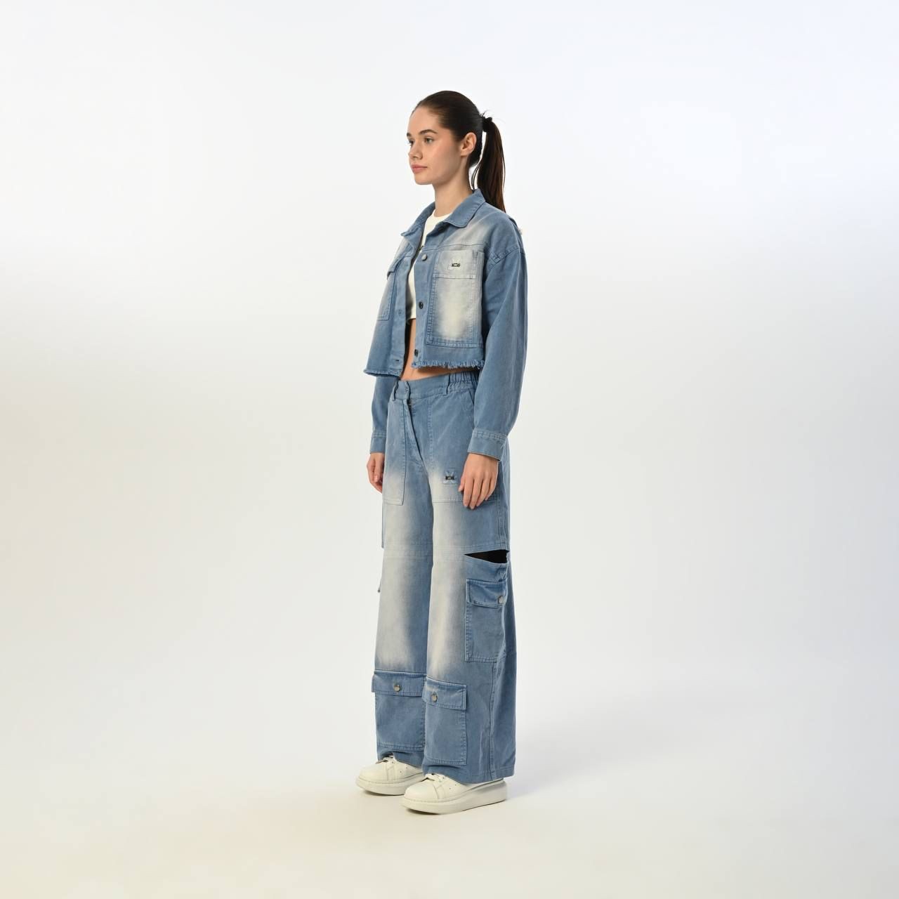 09-15 YAŞ KIZ ÇOCUK CEPLİ GABARDİN PANTOLON - MAVİ