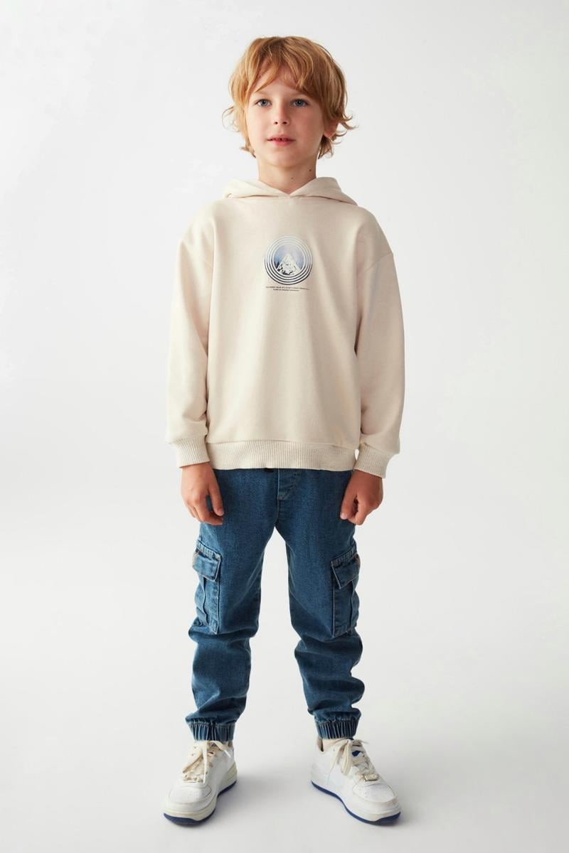04-08 Yaş Erkek Çocuk Krem Renk Snow Kapşonlu Sweat