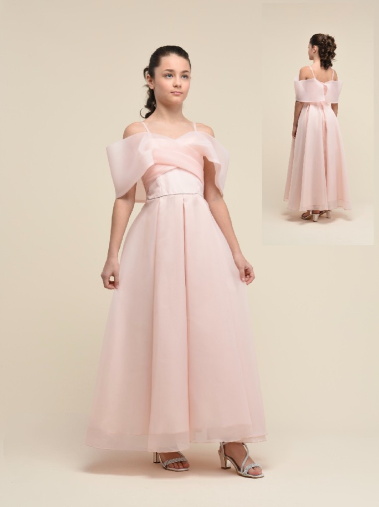 07-15 YAŞ KIZ ÇOCUK PEMBE OMUZ DETAYLI UZUN ABİYE ELBİSE - PEMBE