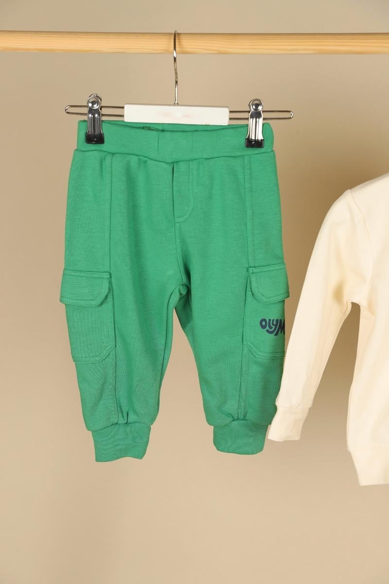 09-36 Ay Erkek Bebek Ekru-Yeşil Renk Olympic Sweat Pantolon Takım