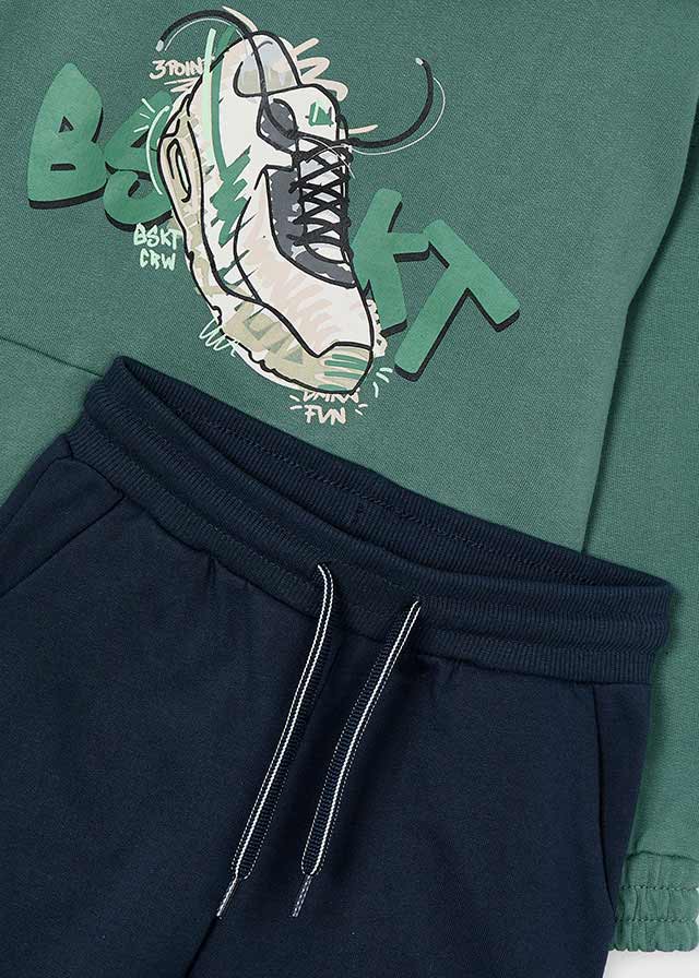 Mayoral 4-10 Yaş Erkek Çocuk Yeşil Kapüşonlu Baskılı Sweatshirt ve Siyah Eşofman Altı Takımı