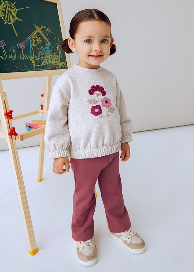 Mayoral 1-4 Yaş Kız Bebek İkili Takım – Çiçek Detaylı Bej Şardonlu Sweat ve Pembe Bol Paça Tayt