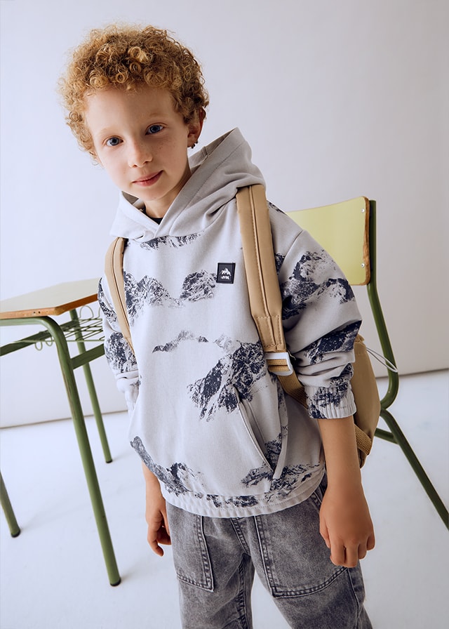 Mayoral Erkek Çocuk Gri Kapüşonlu Dağ Baskılı Sweatshirt | 4-10 Yaş, Kanguru Cepli, Lastikli