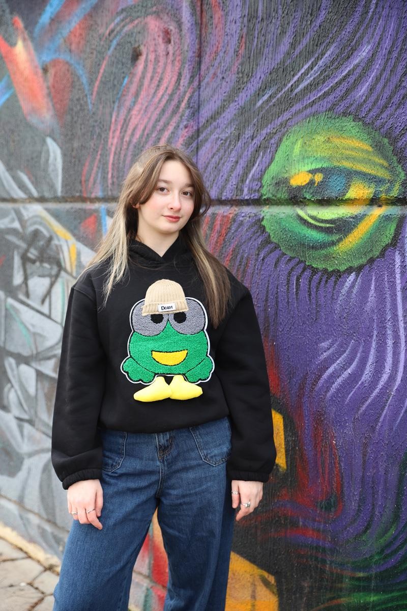 05-14 Yaş Kız Çocuk Siyah Renk Emoji Kapşonlu Sweat