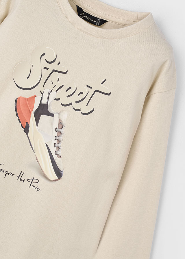 Mayoral Erkek Çocuk Sweatshirt | Bej Renk %100 Pamuk, Street Yazılı Ayakkabı Baskılı | 4-10 Yaş