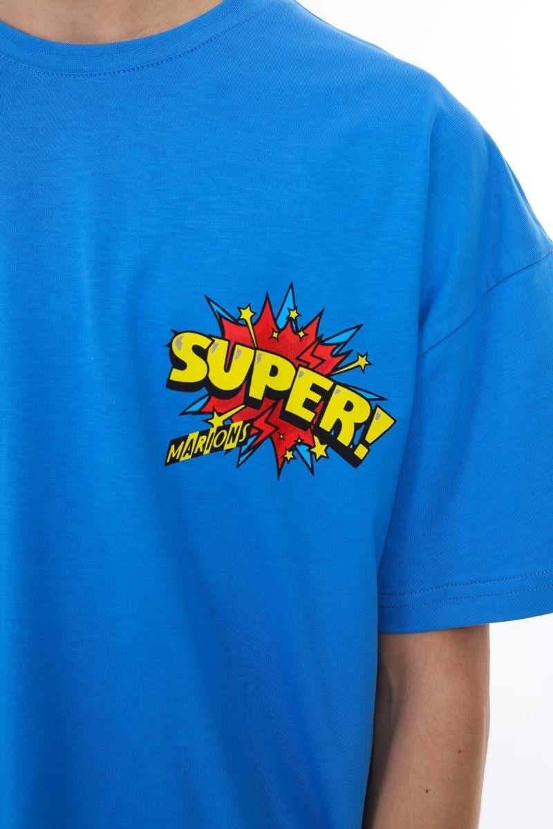 09-15 Yaş Erkek Çocuk Mavi Renk Super Baskılı T-Shirt