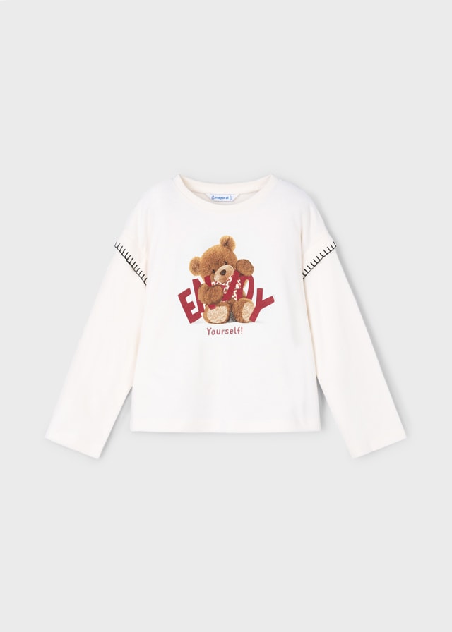 MAYORAL 4-10 YAŞ ARASI AYICIK BASKILI UZUN KOLLU T-SHIRT - KREM - KIRMIZI