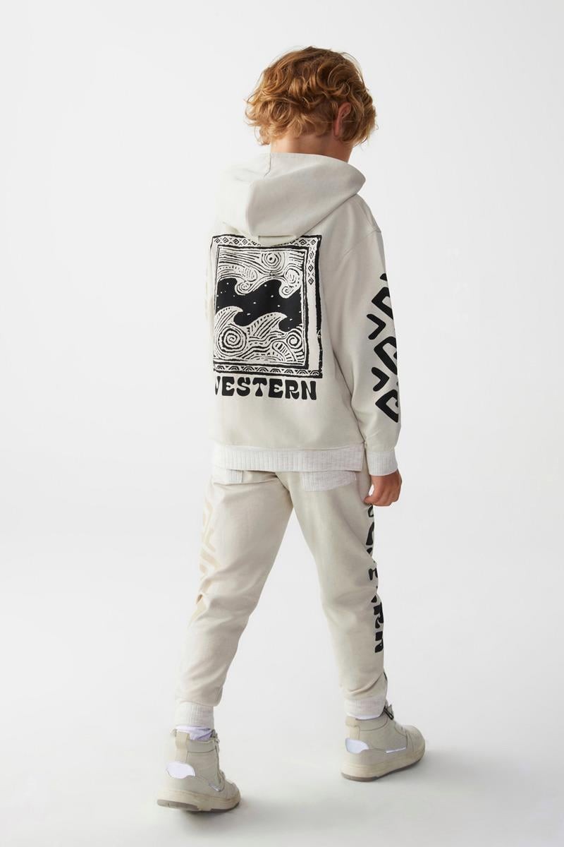 04-08 Yaş Erkek Çocuk Krem Renk Western Kapşonlu Sweat Pantolon Takım