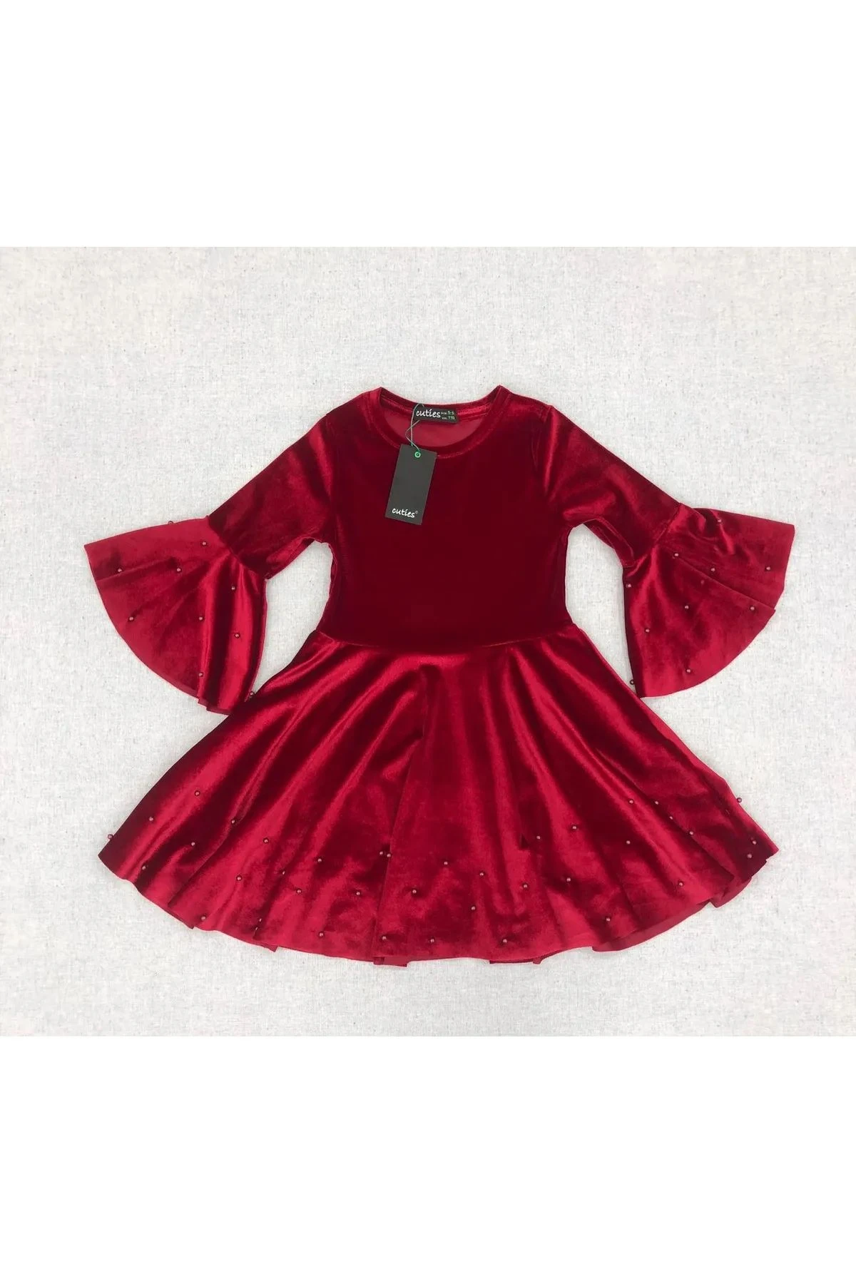 04-12 YAŞ İNCİLİ KADİFE ELBİSE - KIRMIZI