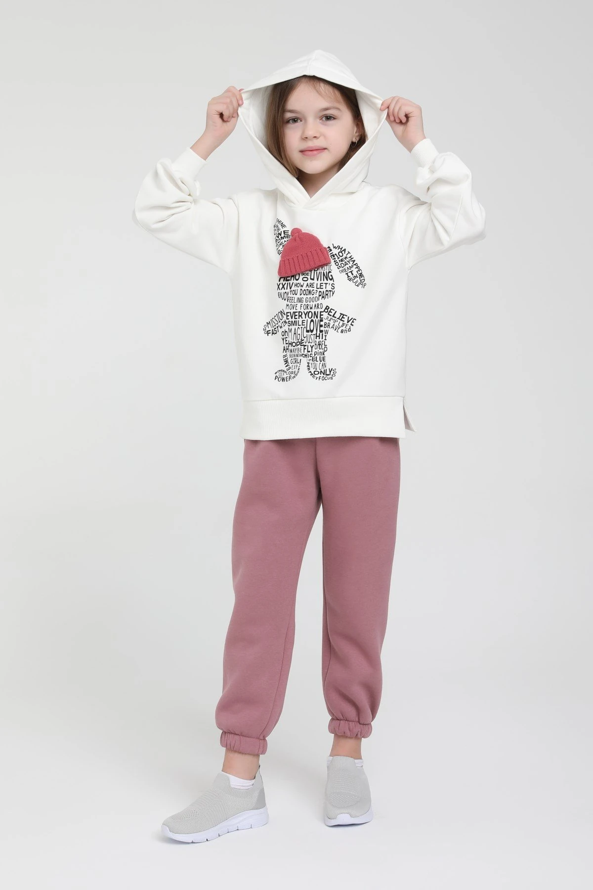 08-14 Yaş Kız Çocuk Beyaz - Gül Kurusu Kapşonlu Tavşan Temalı Takım