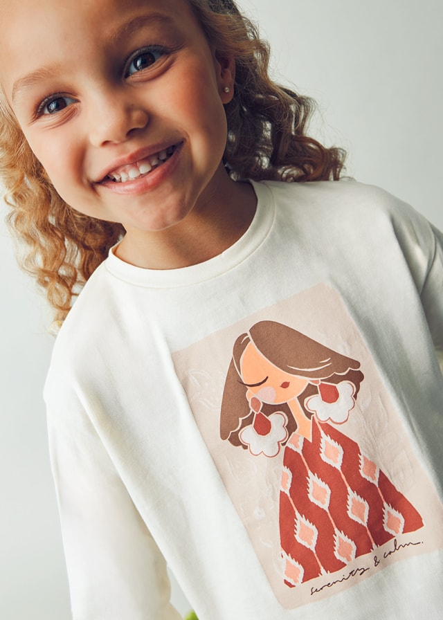 Mayoral Kız Çocuk 2’li Set (4-10 Yaş) – Krem Renk Baskılı Pamuk Bluz ve Çiçek Desenli Tokalı Set