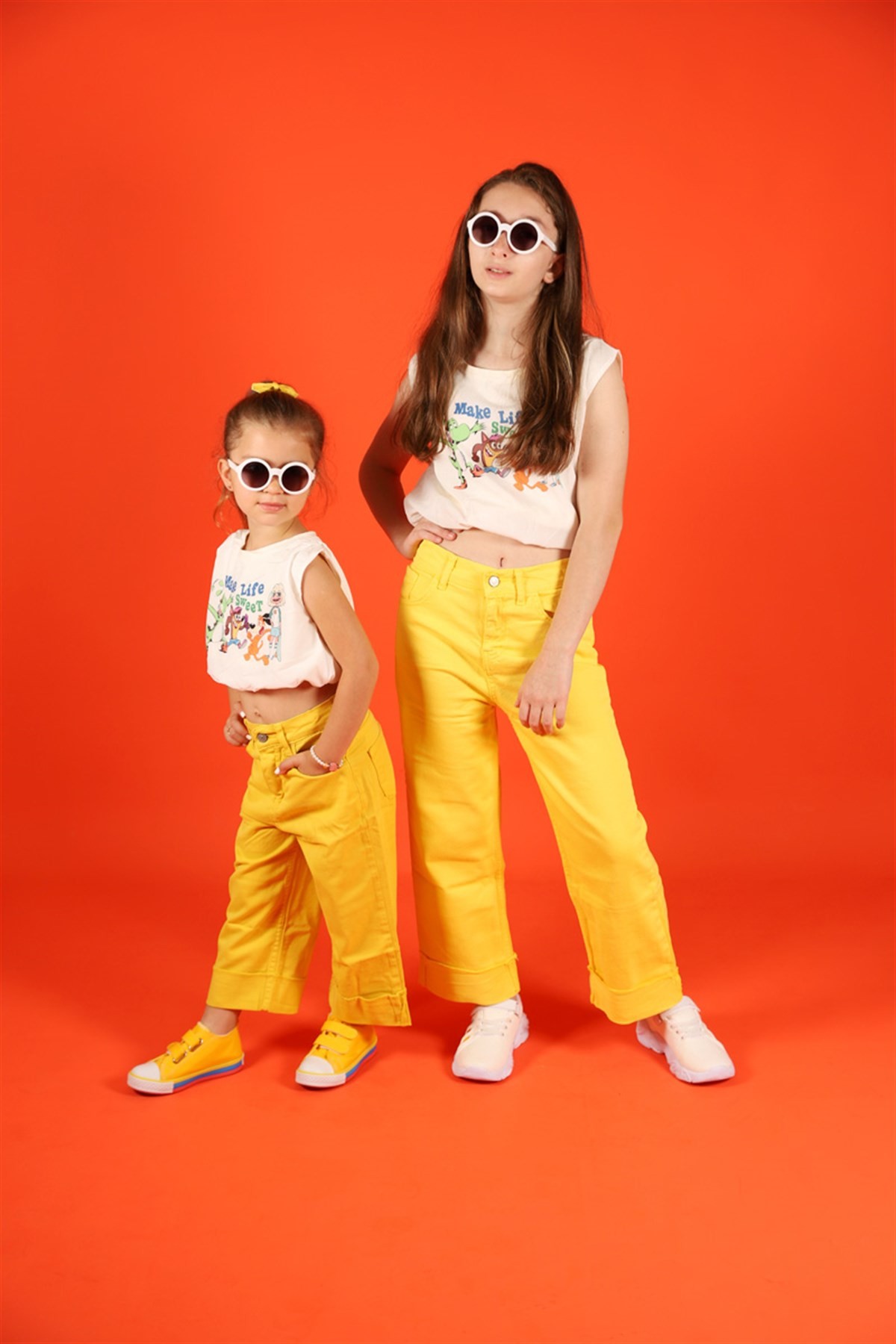 04-14 Yaş Kız Çocuk Paça Detay Sarı Pantalon