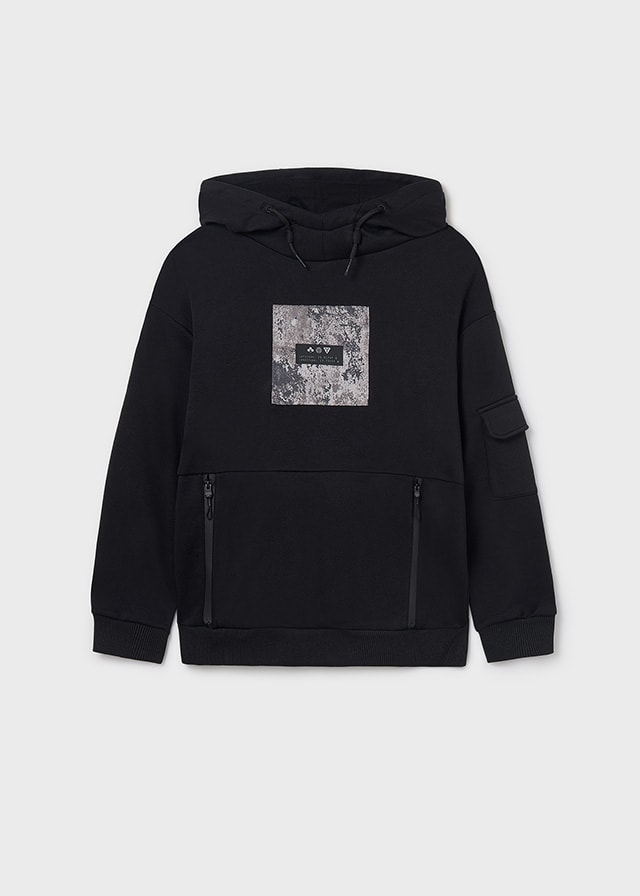 Mayoral Erkek Çocuk Siyah Kapüşonlu Şardonlu Sweatshirt | 10-16 Yaş, Cepli, Baskılı