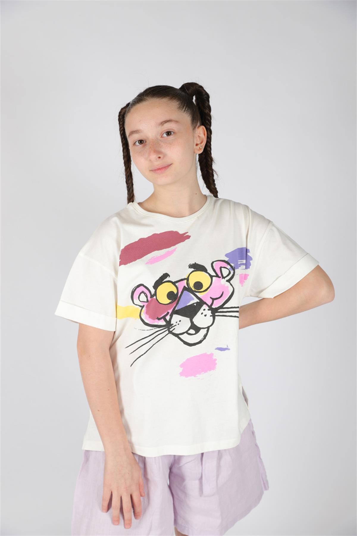 04 - 14 Yaş Kız Çocuk Pembe Panter T-Shirt