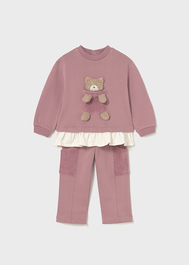 Mayoral 1-4 Yaş Kız Bebek Pembe Renk Ayıcık Detaylı Sweat ve Pantolon Takımı
