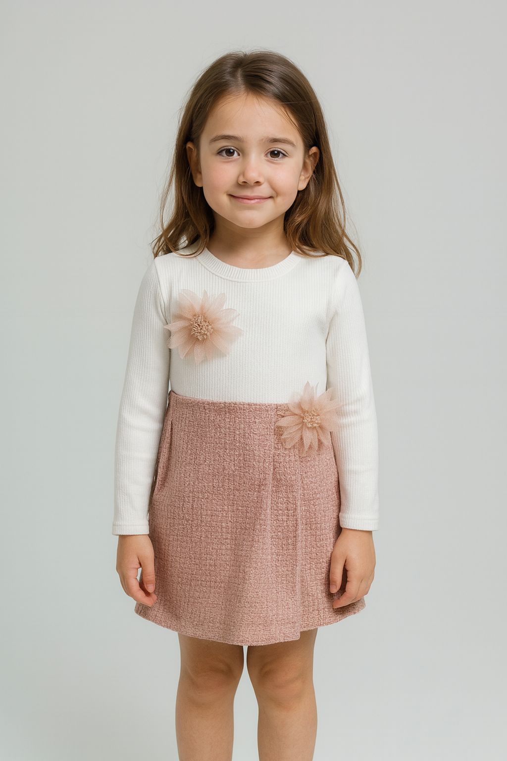 UGLY DUCK 05-14 YAŞ ARASI ÇİÇEK TOKALI SWEAT ŞORT ETEK TAKIM - PEMBE-BEYAZ