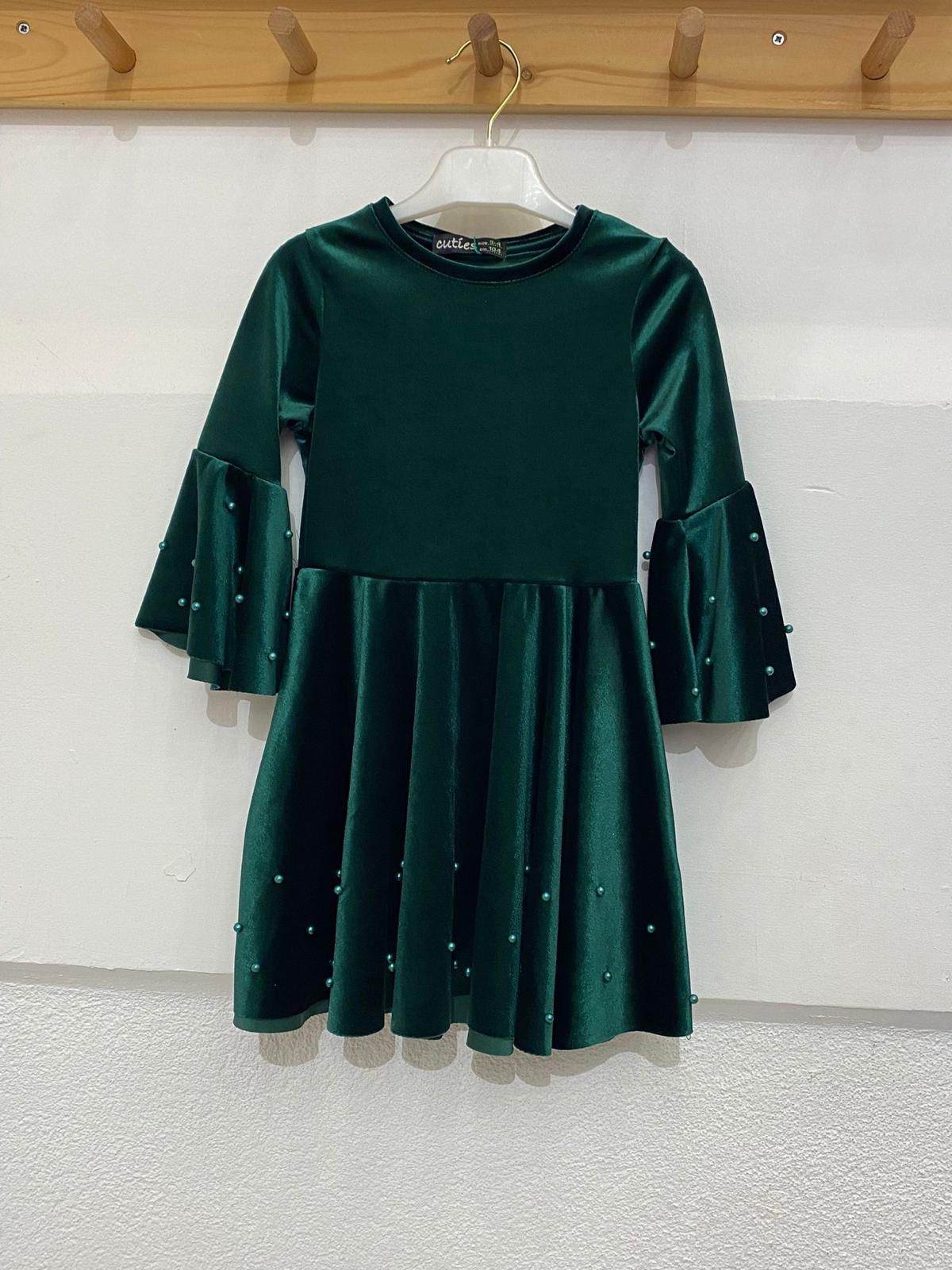 04-12 YAŞ İNCİLİ KADİFE ELBİSE - YEŞİL