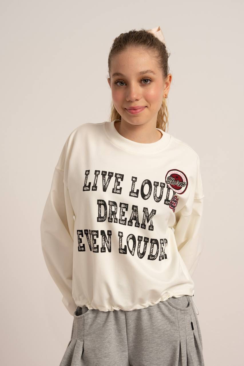 09-15 YAŞ KIZ ÇOCUK 2 İPLİK YAZI BASKILI SWEAT - EKRU-SİYAH