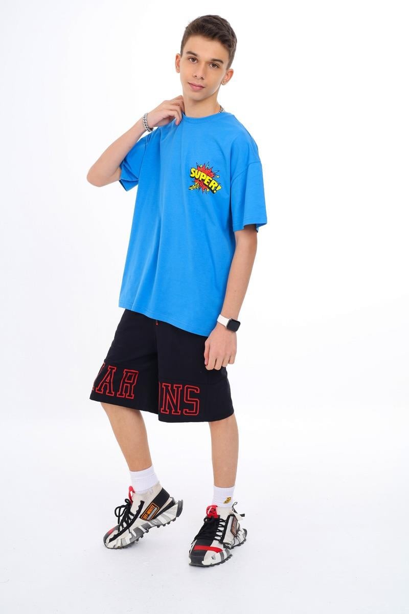 09-15 Yaş Erkek Çocuk Mavi Renk Super Baskılı T-Shirt