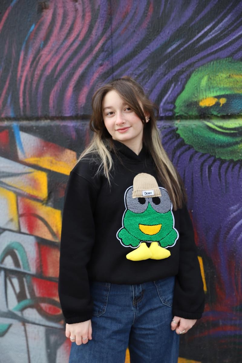 05-14 Yaş Kız Çocuk Siyah Renk Emoji Kapşonlu Sweat