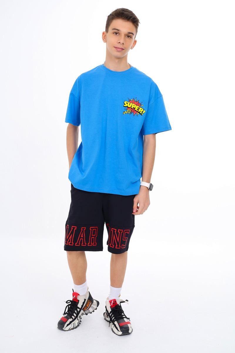 09-15 Yaş Erkek Çocuk Mavi Renk Super Baskılı T-Shirt