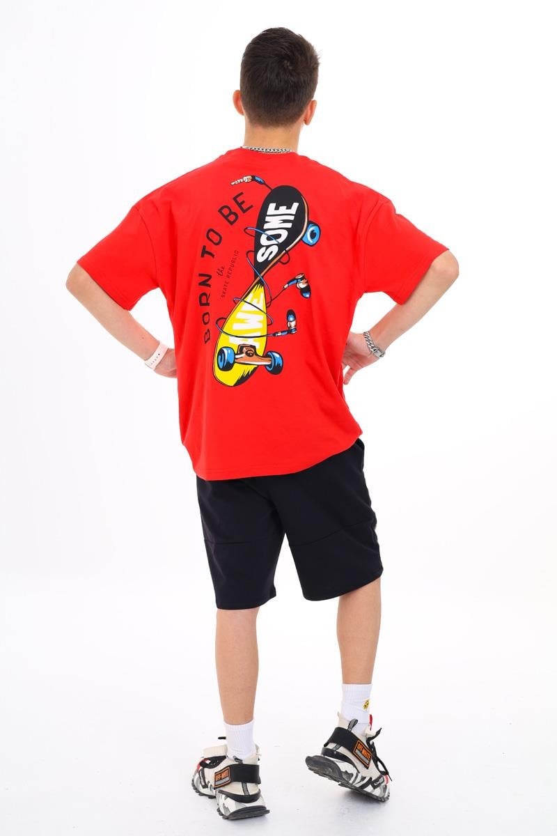09-15 Yaş Erkek Çocuk Kırmızı Renk Born Skate T-Shirt