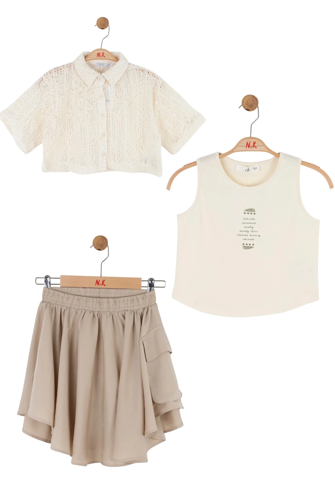 08-14 YAŞ KIZ ÇOCUK VİZON-KREM TAOS ETEKLİ ÜÇLÜ TAKIM - VİZON-KREM