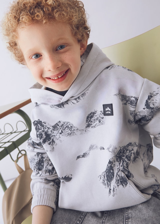 Mayoral Erkek Çocuk Gri Kapüşonlu Dağ Baskılı Sweatshirt | 4-10 Yaş, Kanguru Cepli, Lastikli