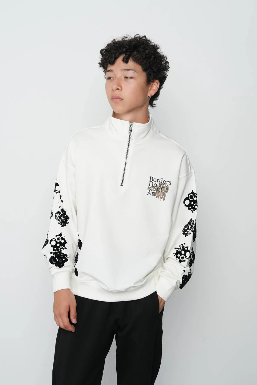 LOCOLOCO 2 İPLİK ÇİÇEK BASKILI İKİLİ TAKIM (9-15 YAŞ ARASI) - EKRU-SİYAH