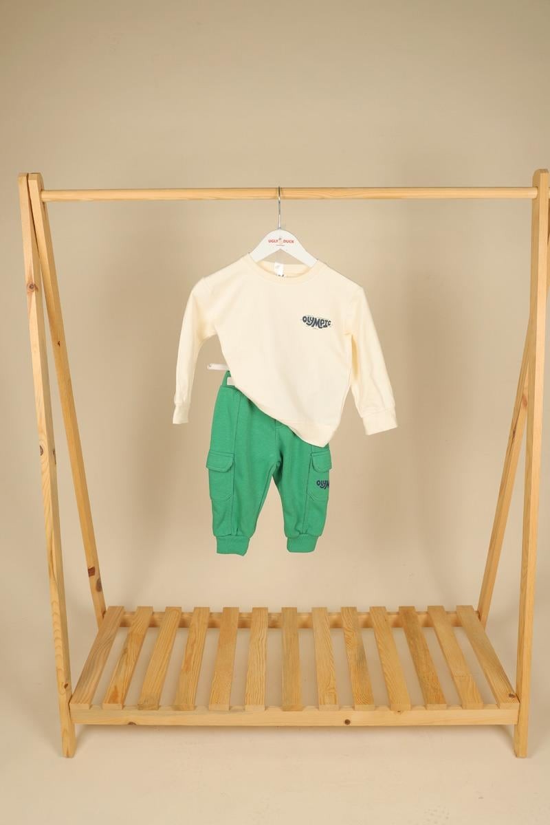 09-36 Ay Erkek Bebek Ekru-Yeşil Renk Olympic Sweat Pantolon Takım