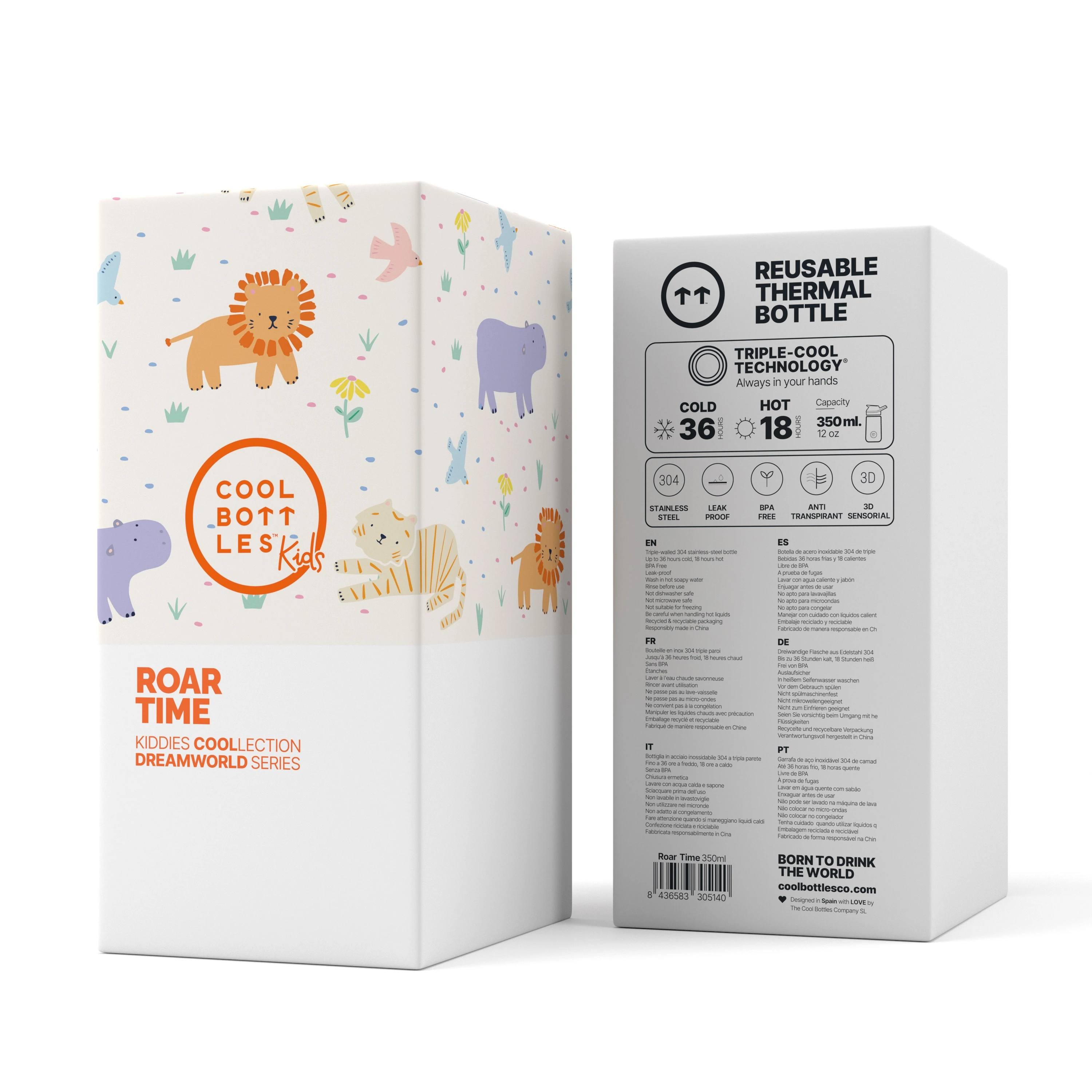 COOL BOTTLES DREAMWORLD SERİSİ ROAR TİME ÇELİK SULUK - 350ML - BEJ