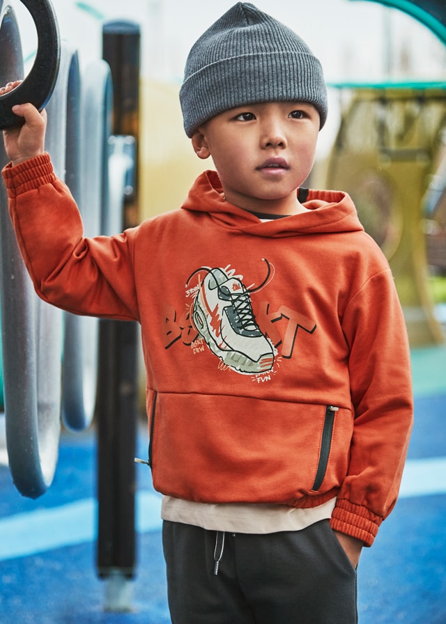 Mayoral 4-10 Yaş Erkek Çocuk Turuncu Kapüşonlu Baskılı Sweatshirt ve Siyah Eşofman Altı Takımı