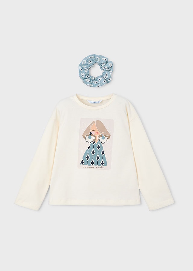 Mayoral Kız Çocuk 2’li Set (4-10 Yaş) – Krem Renk Baskılı Pamuk Bluz ve Çiçek Desenli Tokalı Set