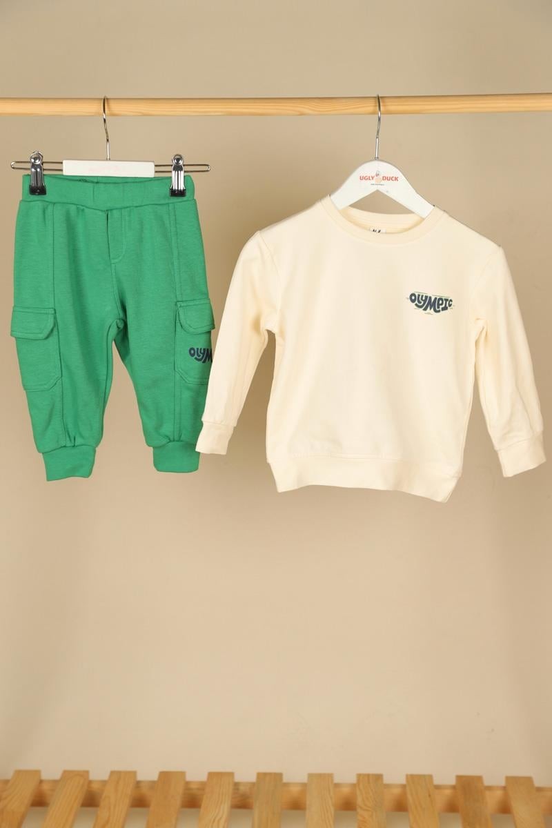 09-36 Ay Erkek Bebek Ekru-Yeşil Renk Olympic Sweat Pantolon Takım