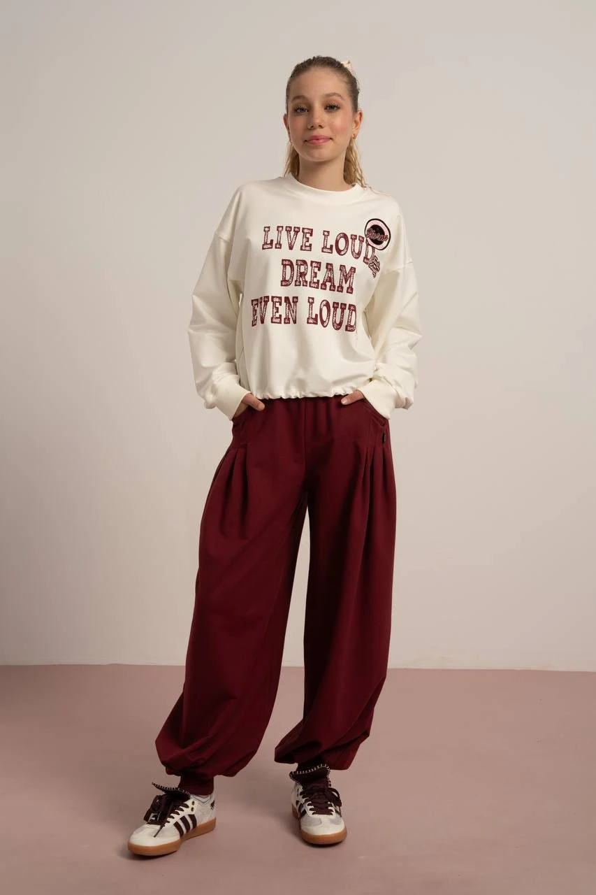 09-15 YAŞ ARASI KIZ ÇOCUK 2 İPLİK LASTİK PAÇA PANTOLON - BORDO