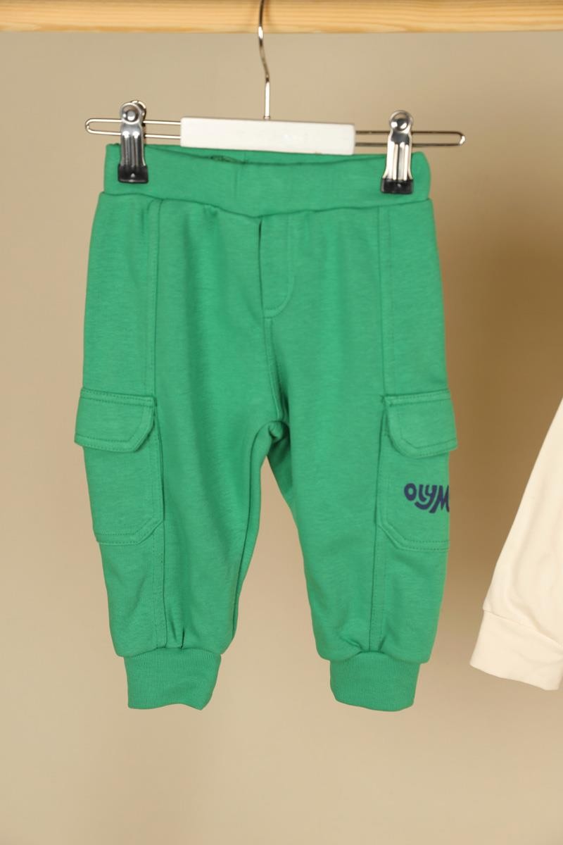 09-36 Ay Erkek Bebek Ekru-Yeşil Renk Olympic Sweat Pantolon Takım